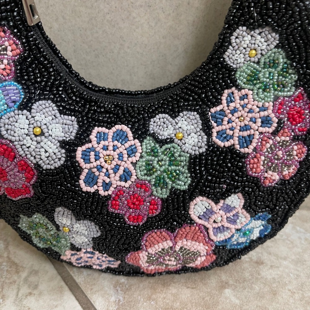Studio 12 Black Beaded Floral Hobo Shoulder Bag Crescent Y2K Small Purse - Picture 2 of 12